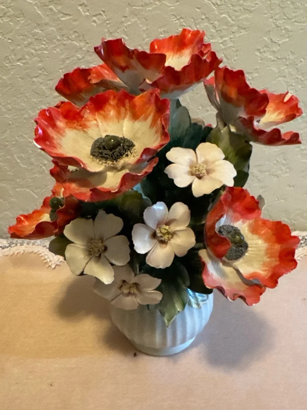 Vintage 1974 Handcrafted Red and Cream Poppy Floral Arrangement - Home Accents